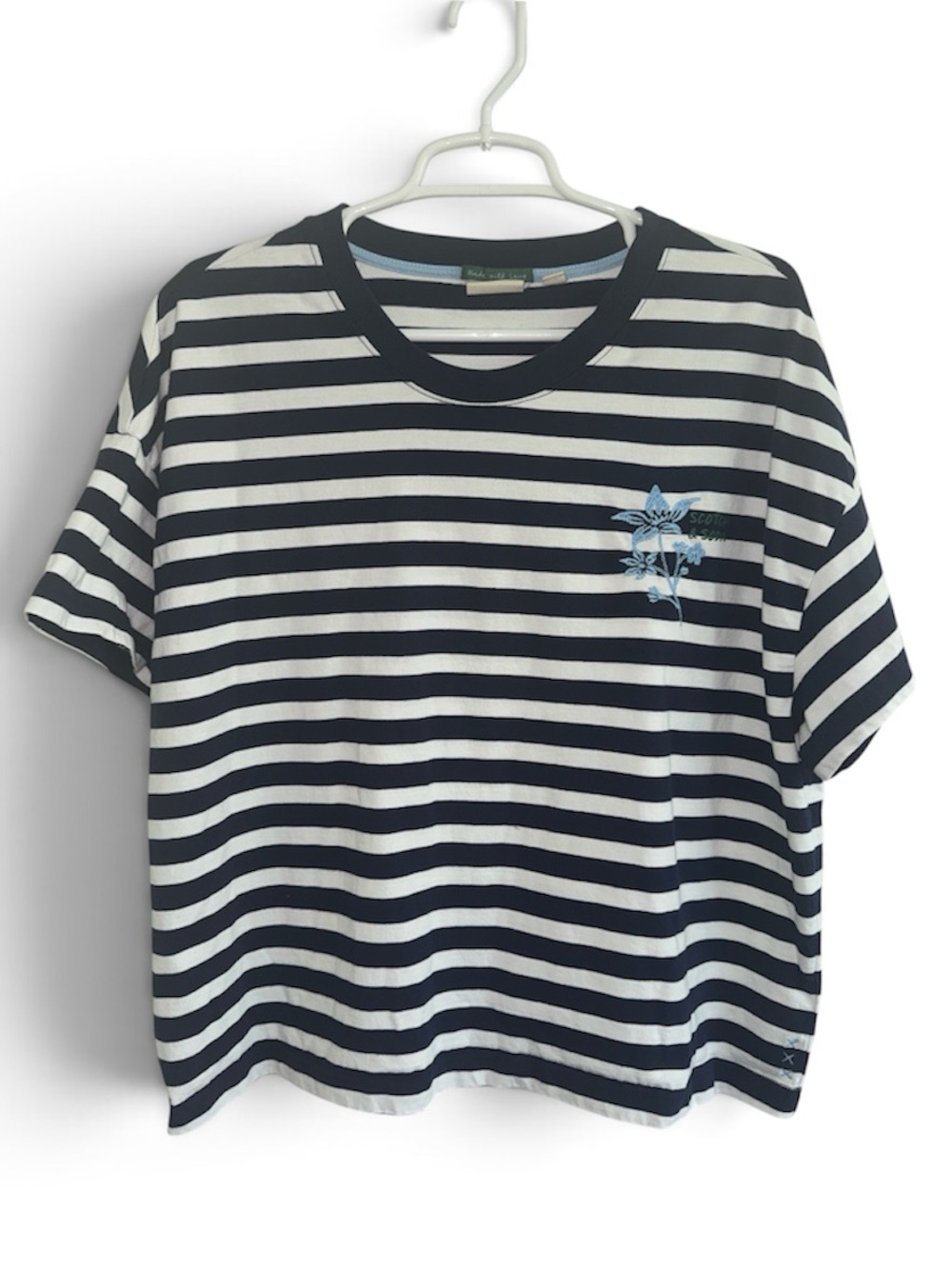 Scotch & Soda Amsterdam Women Striped Boxy Short Sleeve Tee Floral Embroider XXL
